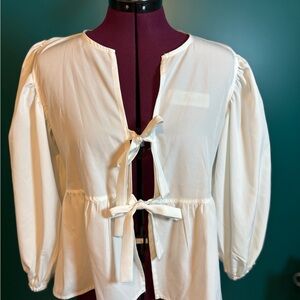 White Puff Sleeve Peplum Blouse with Tie Front